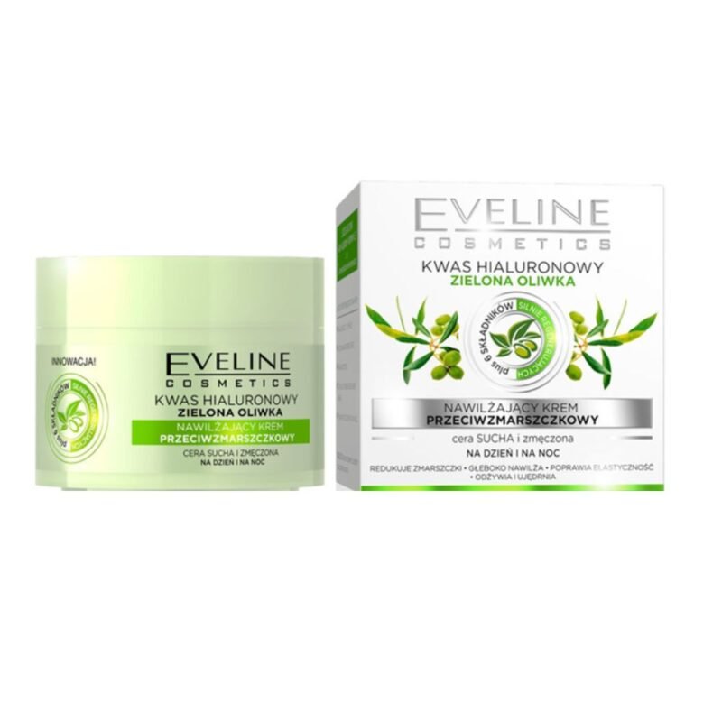 Eveline drėkinamasis kremas nuo raukšlių hialurono rūgštis ir žaliosios alyvuogės, 50 ml