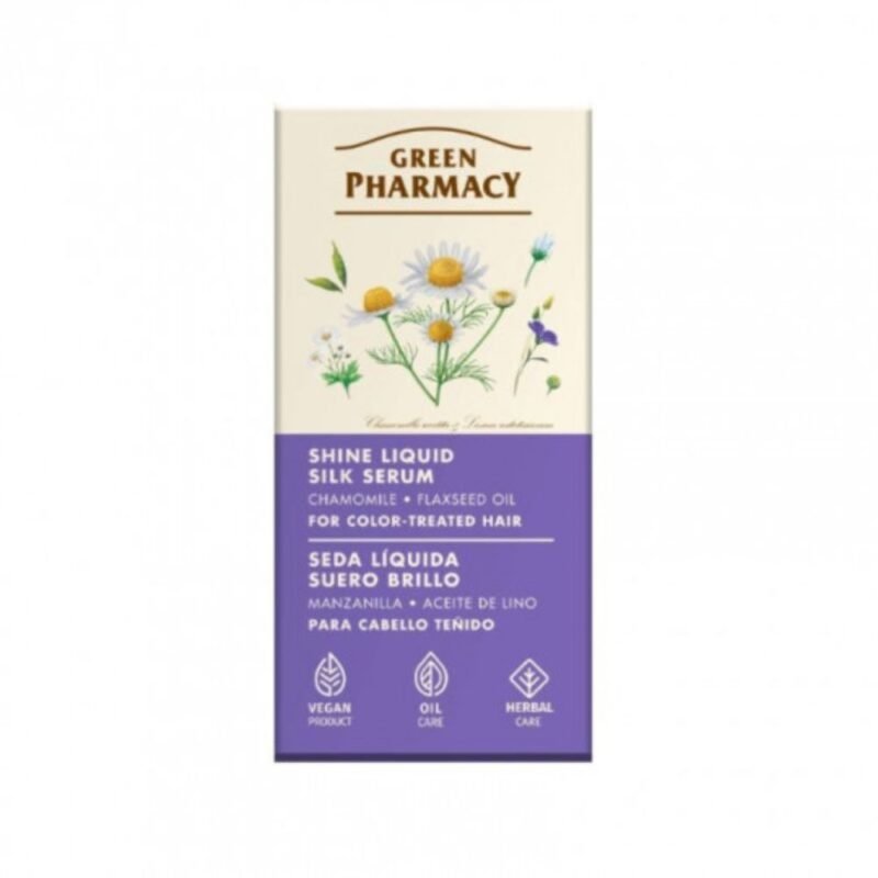 GREEN PHARMACY skystas šilko serumas dažytiems plaukams Ramunėlė ir linų aliejus, 30 ml