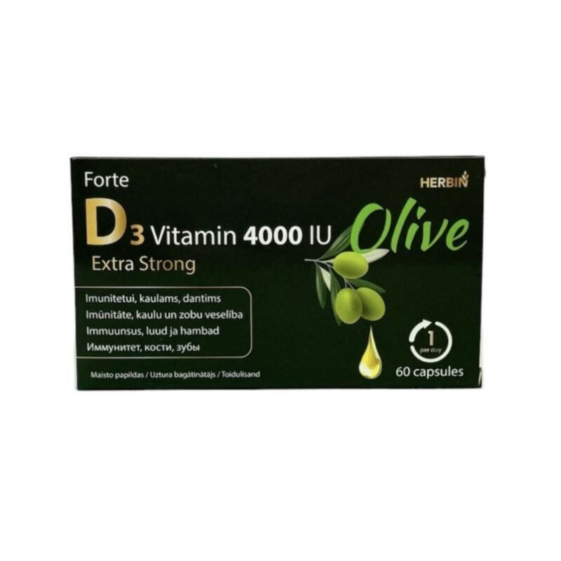 HERBIN D3 vitaminas 4000 TV OLIVE Forte Extra Strong maisto papildas, 60 kapsulių