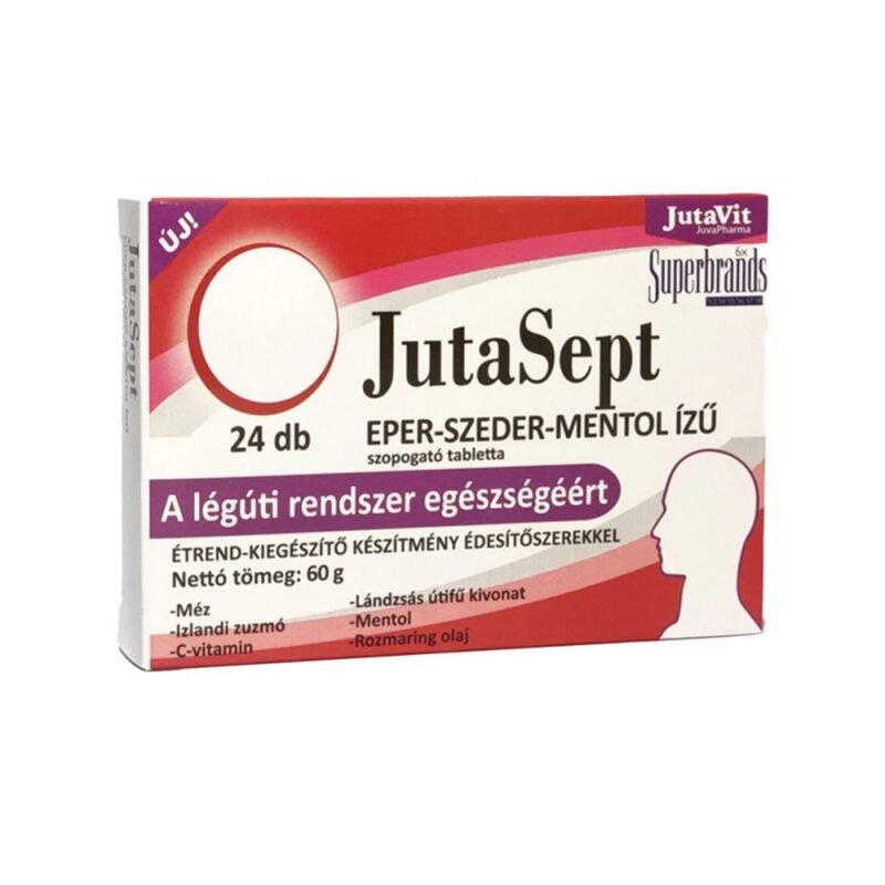 JutaSept braškių, šilkmedžių ir mentolio skonio pastilės gerklei su islandine kerpena, gysločiu, rozmarinu ir vitaminu C, 24 pastilės