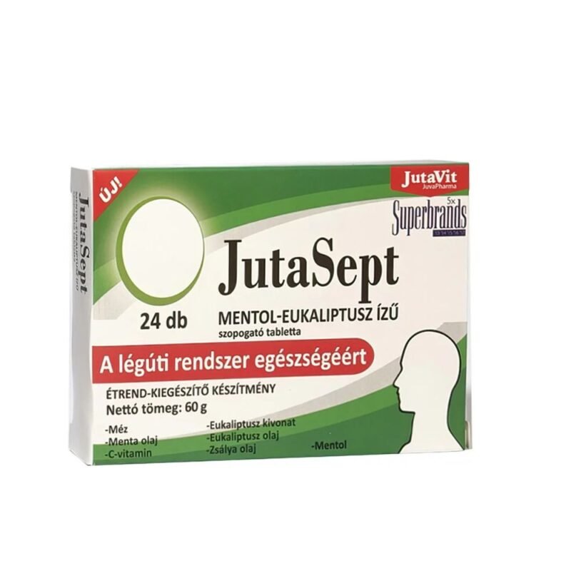 JutaSept mėtų skonio pastilės gerklei su mentoliu, eukaliptais, šalaviju ir vitaminu C, 24 pastilės
