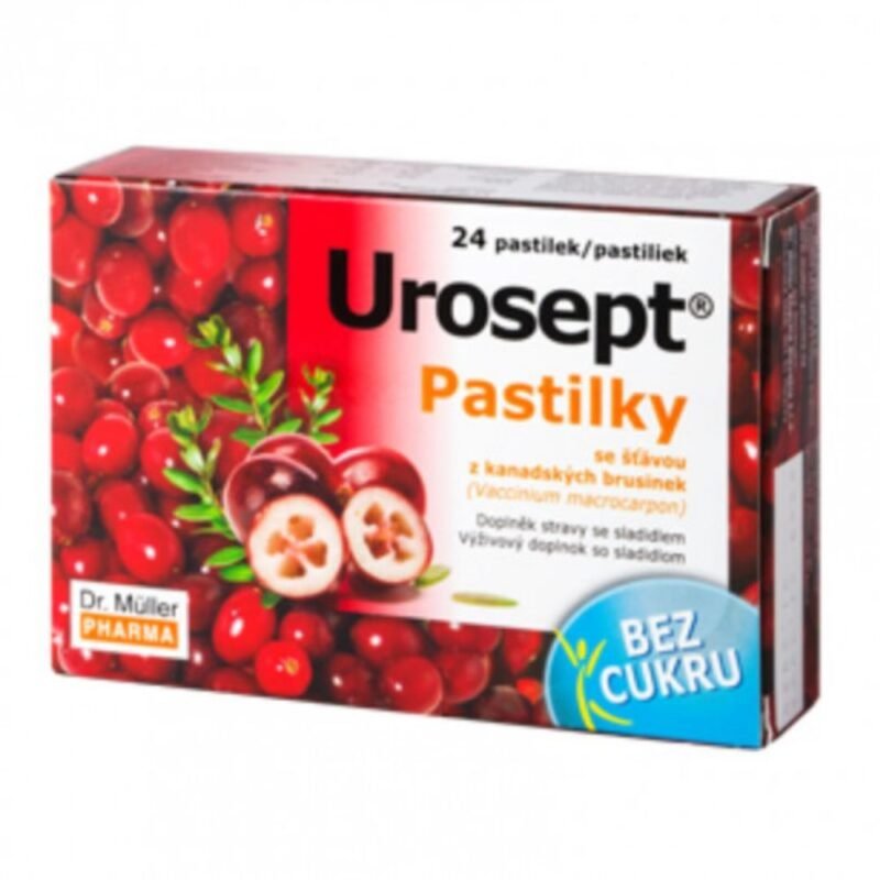 Maisto papildas DR. MULLER UROSEPT pastilės su karpotųjų beržų pumpurų, meškauogių ir spanguolių ekstraktais, 24 pastilės