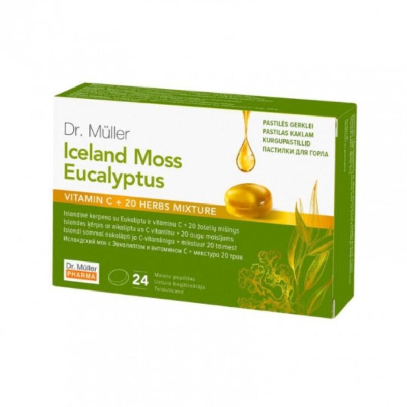 Maisto papildas DR. MULLER pastilės gerklei Islandinė kerpena su vitaminu C + 20 žolelių mišinys, 24 pastilės