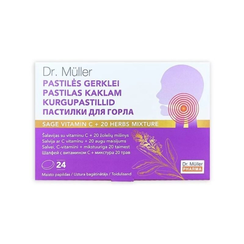 Maisto papildas DR. MULLER pastilės gerklei Šalavijas su vitaminu C + 20 žolelių mišinys, 24 pastilės