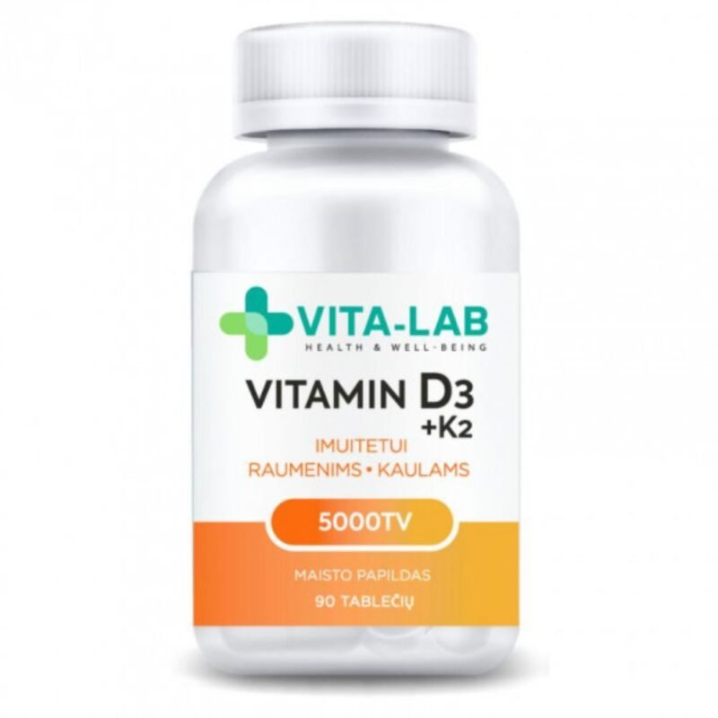 VITA-LAB maisto papildas Vitaminas D3 5000 + K2 200 µg PLUS, 90 tablečių