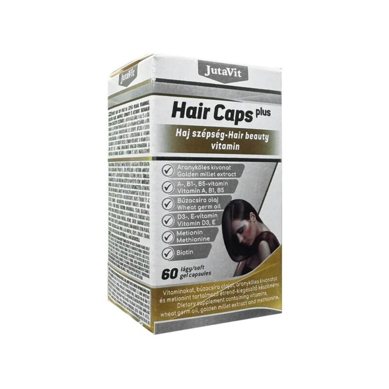 JutaVit Hair Caps Plus kviečių gemalų aliejus + auksinių sorų ekstraktas + metioninas, 60 kapsulių