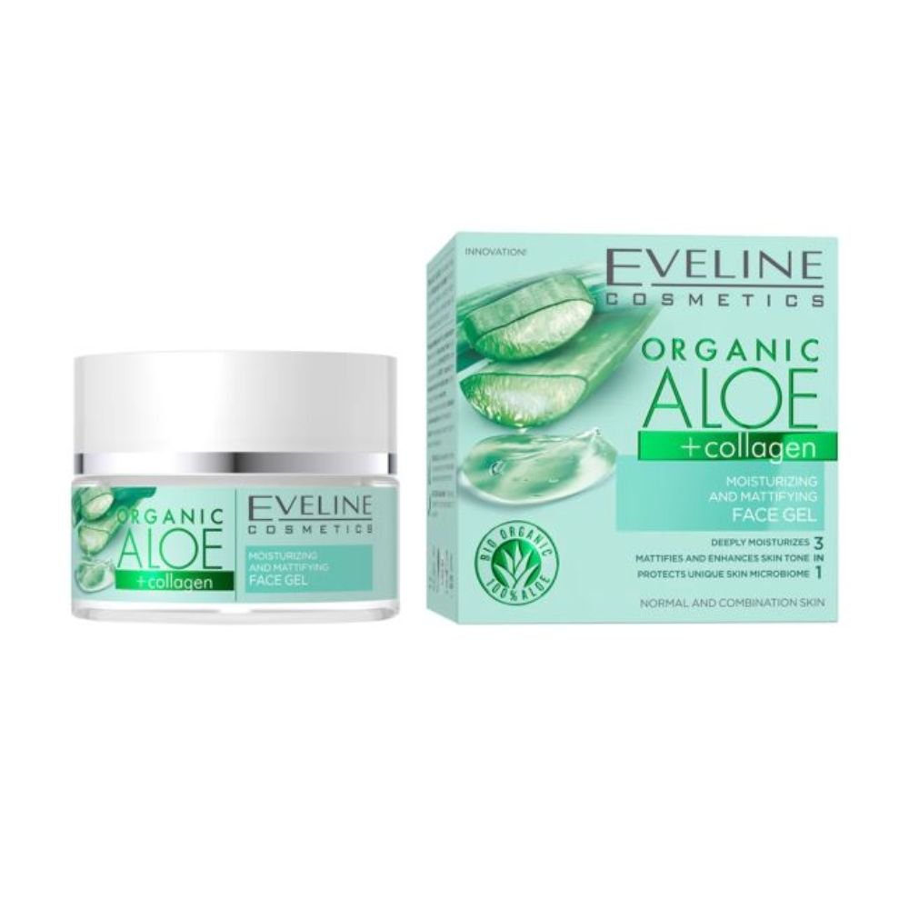 EVELINE COSMETICS ORGANIC ALOE + COLLAGEN drėkinamasis veido gelis, suteikiantis matinio efekto 3in1, 50 ml