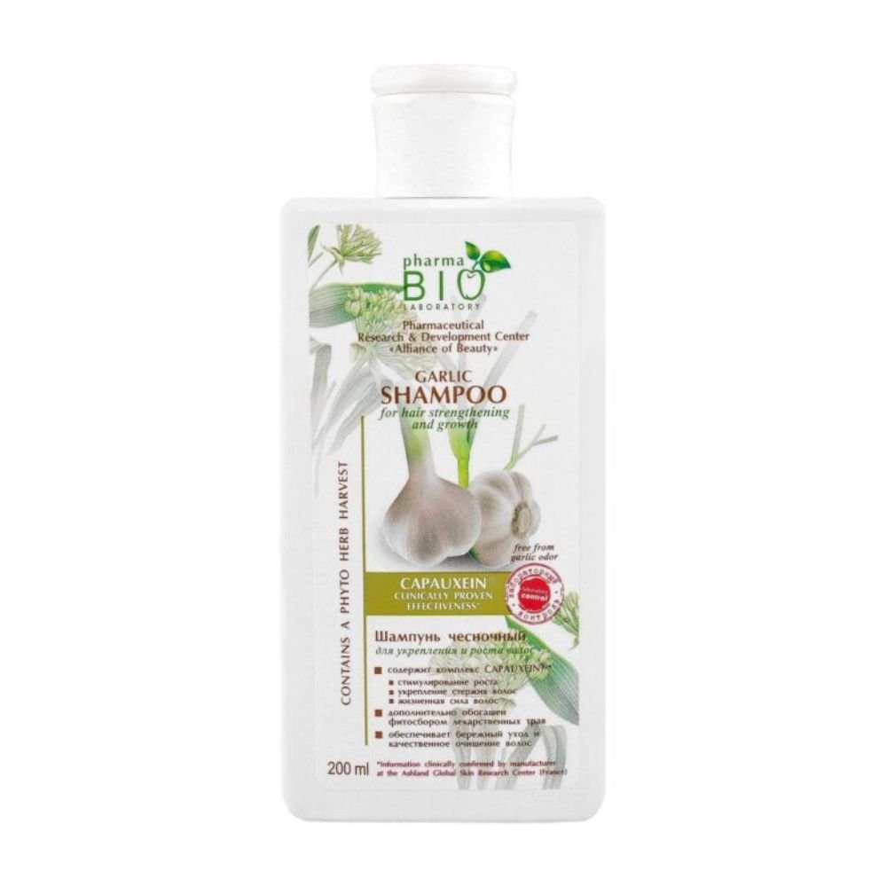 PHARMA BIO LABORATORY šampūnas su česnakais plaukų stiprumui ir augimui, 200 ml